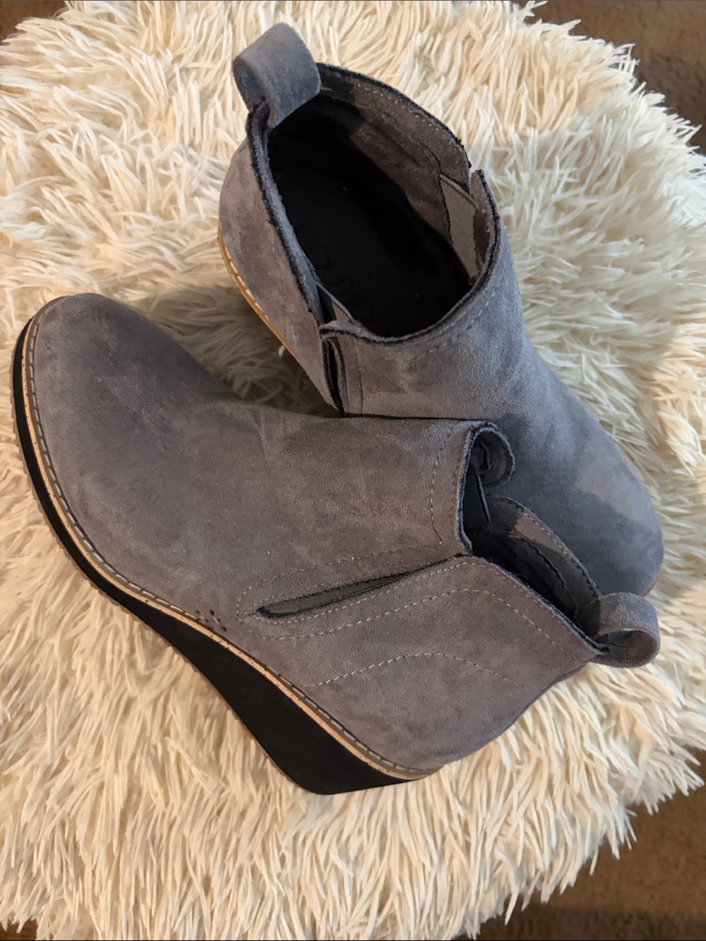 Women's Gray Suede Wedge Ankle Booties with Pull Tab
